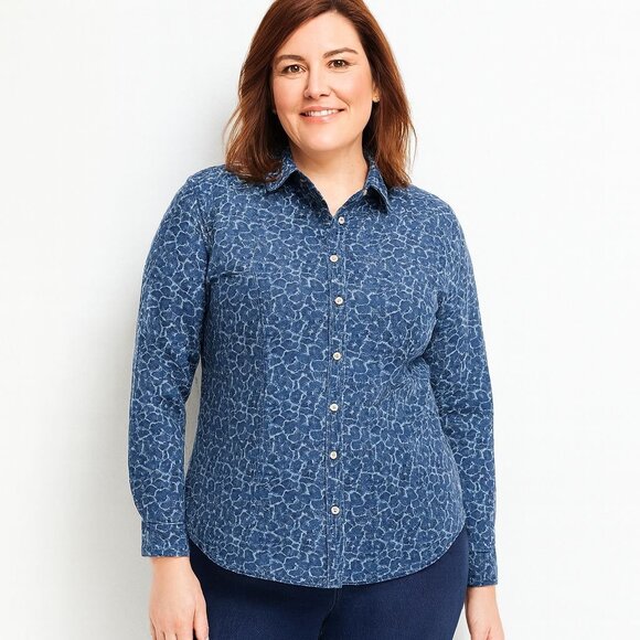 Talbots Womens Chambray Shirt Button Front Blue Animal Print Roll Sleeve Size 14 - Picture 1 of 12